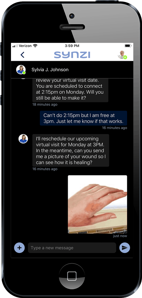 Allows your patient to also communicate with your team member via secure message and share PHI such as wound pictures